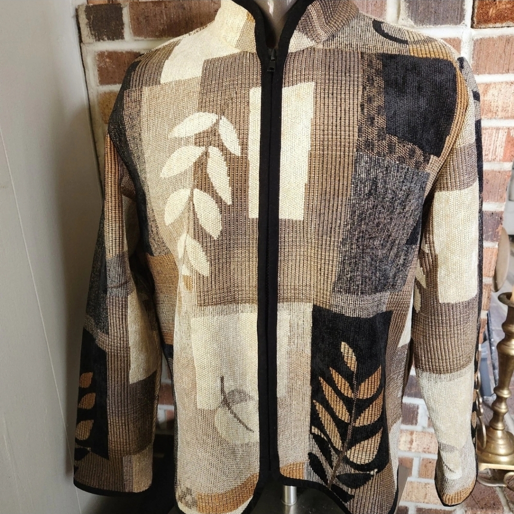 Vtg Boho Tapestry Jacket Women's L Fall Foliage Earth Tone Leaf Art Wear Zip Up